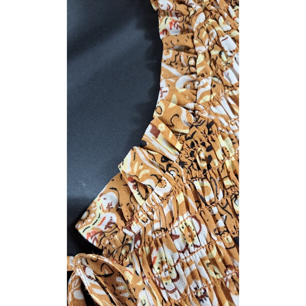 Melloday Blouse Women XL 40" Smocked Floral Peasant Elastic Sleeves Gold Sheer - Picture 3 of 15
